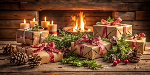 Poster - A cozy fireplace setting with wrapped presents adorned with red ribbon and pine branches, creating a festive winter ambiance.