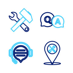 Poster - Set line Location service, Headphones with speech bubble chat, Question and Answer and Crossed hammer wrench icon. Vector