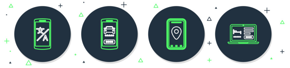 Poster - Set line Online car sharing, Infographic of city map, translator and hotel booking icon. Vector