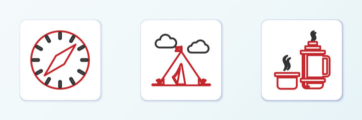 Poster - Set line Thermos container, Compass and Tourist tent with flag icon. Vector