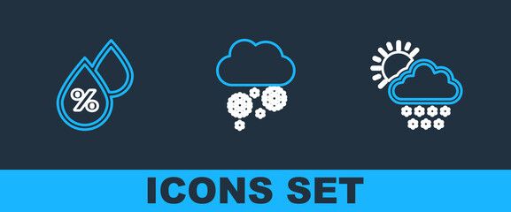 Poster - set line cloud with snow and sun, water drop percentage and icon. vector