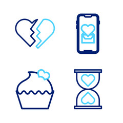 Poster - Set line Heart in the center hourglass, Wedding cake with heart, Mobile and Broken icon. Vector