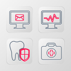 Poster - set line first aid kit, dental protection, monitor with cardiogram and and envelope icon. vector