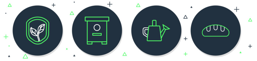Poster - Set line Hive for bees, Watering can, Shield with leaf and Bread loaf icon. Vector