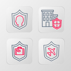 Poster - set line plane with shield, travel suitcase, house and life insurance icon. vector