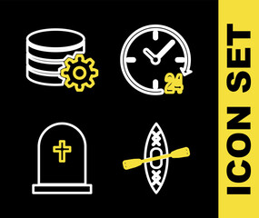 Poster - Set line Clock 24 hours, Kayak and paddle, Tombstone with cross and Setting database server icon. Vector