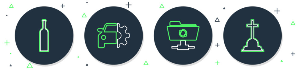 Poster - Set line Car service, FTP sync refresh, Bottle of wine and Tombstone with cross icon. Vector
