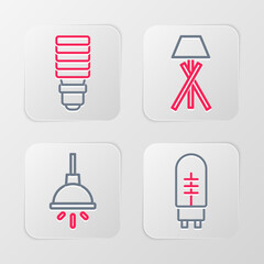 Poster - Set line Light emitting diode, Chandelier, Floor lamp and LED light bulb icon. Vector