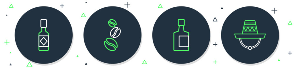 Poster - Set line Coffee beans, Tequila bottle, Tabasco sauce and Mexican sombrero icon. Vector