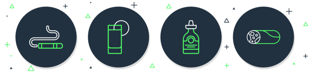 Poster - Set line Tequila glass with lemon, bottle, Cigar and Burrito icon. Vector