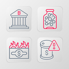 Poster - Set line Drop in crude oil price, Burning dollar bill, Glass money jar with coin and Bank building icon. Vector