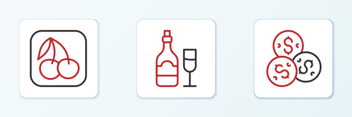 Poster - Set line Casino chip with dollar, Slot machine cherry and Champagne bottle glass icon. Vector
