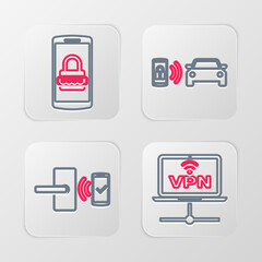 Poster - Set line VPN Computer network, Digital door lock with wireless, Smart car alarm system and Mobile and password icon. Vector