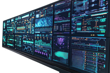 Poster - A large supercomputer with AI algorithms being processed on multiple screens. isolated on white background
