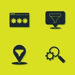 Poster - set password protection, magnifying glass and gear, location with sales funnel and icon. vector