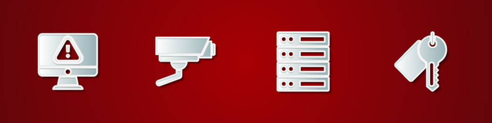 Poster - Set Monitor with exclamation mark, Security camera, Server, Data, Web Hosting and Marked key icon. Vector