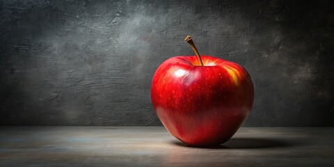 Poster - A single red apple sits on a rustic surface against a dark textured backdrop, bathed in soft light.