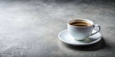Aufkleber - A solitary cup of coffee, steaming and inviting, rests on a simple, gray surface, ready to fuel the day's adventures