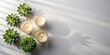 © Kitiphong - Softly lit minimalist flat lay with candles and succulents casting gentle shadows on a plain background, simple elegance, botanical display