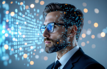 Aufkleber - a man in a suit, glasses, and beard is depicted with a digital overlay of binary code and glowing pa