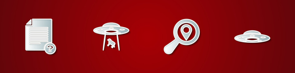 Poster - Set Unknown document, UFO abducts cow, Search location and flying spaceship icon. Vector