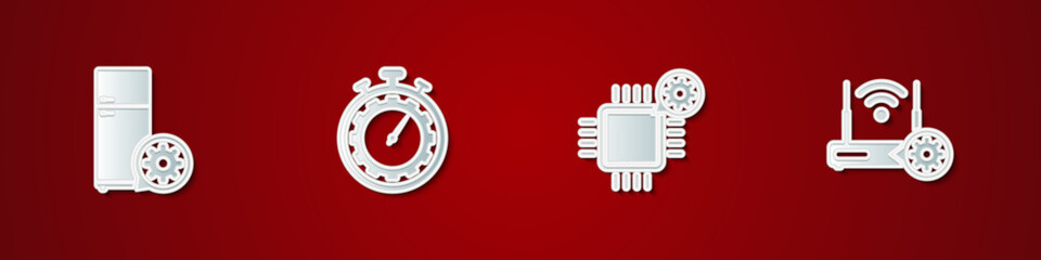 Poster - Set Refrigerator setting, Time management, Processor and Router and wi-fi icon. Vector