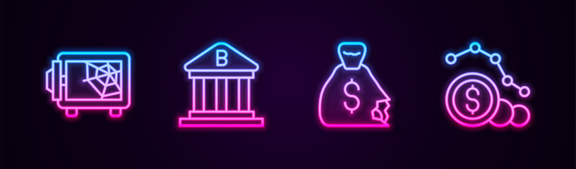 Poster - set line safe, bank building, money bag and dollar rate decrease. glowing neon icon. vector