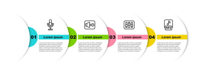 Poster - Set line Microphone, Speaker mute, Sound mixer controller and MP3 file. Business infographic template. Vector
