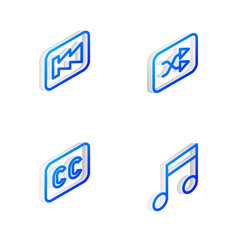 Poster - set isometric line arrow shuffle, rewind button, subtitles and music note, tone icon. vector
