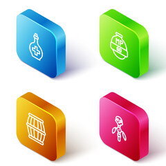 Poster - Set Isometric line Bottle with potion, Video game bar, Gun powder barrel and Magic staff icon. Vector