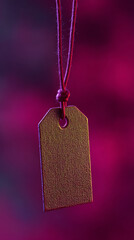 Aufkleber - Metallic tag on string, textured surface, hanging against a purple background Mockup, free space for text or logo