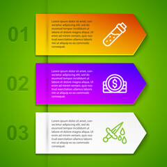 Poster - Set line Bottle with potion, Ancient coin and Sword blood. Business infographic template. Vector