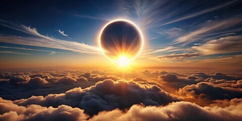 Poster - A celestial spectacle unfolds as a solar eclipse casts its shadow upon a sea of clouds, bathed in the warm hues of a breathtaking sunset.