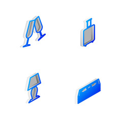 Poster - Set Isometric line Travel suitcase, Glasses of champagne, Table lamp and Stacks paper money cash icon. Vector