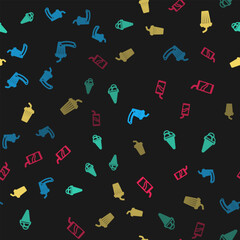 Poster - Set line Soda and hotdog, Ice cream in waffle cone, Glass with water and can drinking straw on seamless pattern. Vector