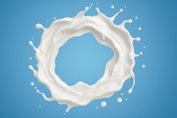 Poster - White milk is splashing and forming a perfect circle on a blue background, creating a dynamic and visually appealing image suitable for various advertising and design purposes
