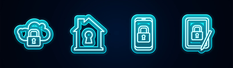 Fototapete - Set line Cloud computing lock, House under protection, Mobile with closed padlock and Tablet. Glowing neon icon. Vector
