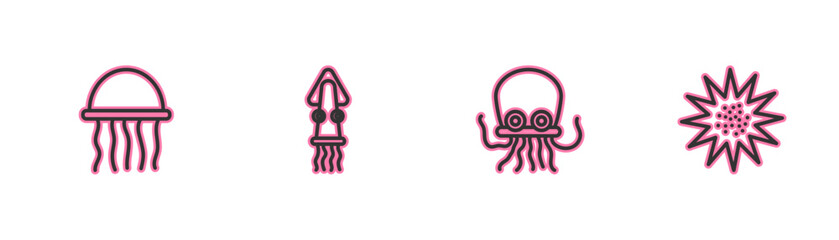 Poster - Set line Jellyfish, Octopus, and Sea urchin icon. Vector