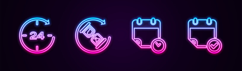 Poster - Set line Clock 24 hours, Waiting, Calendar and clock and with check mark. Glowing neon icon. Vector