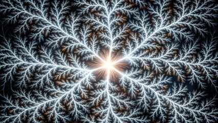 Aufkleber - A fractal design with intricate branches radiating outwards from a central glowing point, creating a mesmerizing visual display of symmetry and complexity.