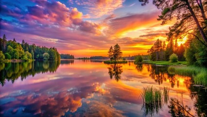 Poster - A tranquil lake reflecting the vibrant colors of a sunset sky, with trees lining the shores and a solitary island in the center