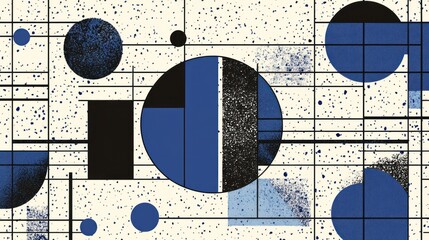 Poster - Abstract geometric pattern with circles, squares, and lines on a speckled background.