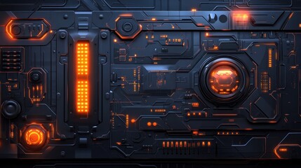 Fototapete - Futuristic dark grey metallic panel with glowing orange circuits and central lens.
