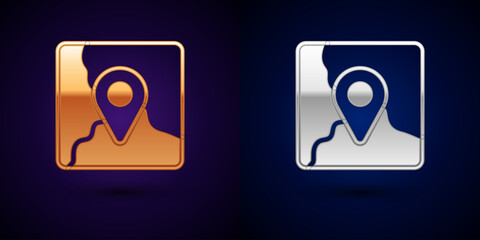 Poster - Gold and silver Folded map with location marker icon isolated on black background. Vector