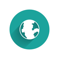 Poster - White Earth globe icon isolated with long shadow background. World or Earth sign. Global internet symbol. Geometric shapes. Green circle button. Vector