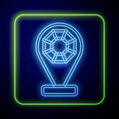 Poster - Glowing neon Front facade building jewelry store icon isolated on blue background. Vector