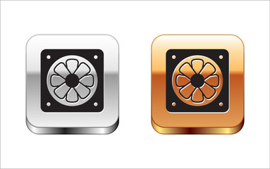 Poster - Black Computer cooler icon isolated on white background. PC hardware fan. Silver and gold square buttons. Vector