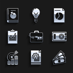 Fototapete - Set Briefcase and money, Document with graph chart, Stacks paper cash, Safe, Target coin symbol, Clipboard, and User manual icon. Vector