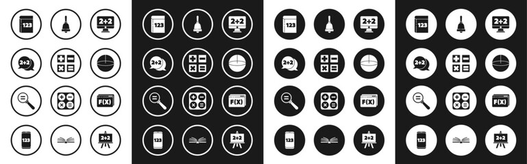 Poster - set equation solution, calculator, book with word mathematics, geometric figure sphere, ringing bell