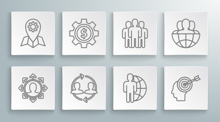 Poster - Set line Project team base, Gear with dollar symbol, Human resources, Globe and people, Head hunting concept, Users group, and Location job icon. Vector